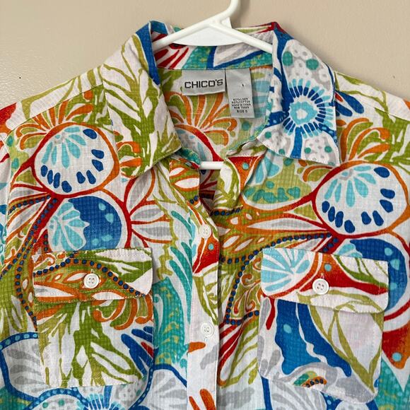 Chico's Tunic Blouse XS Linen Blend Tropical Print Colorful Summer Lightweight - Picture 2 of 9